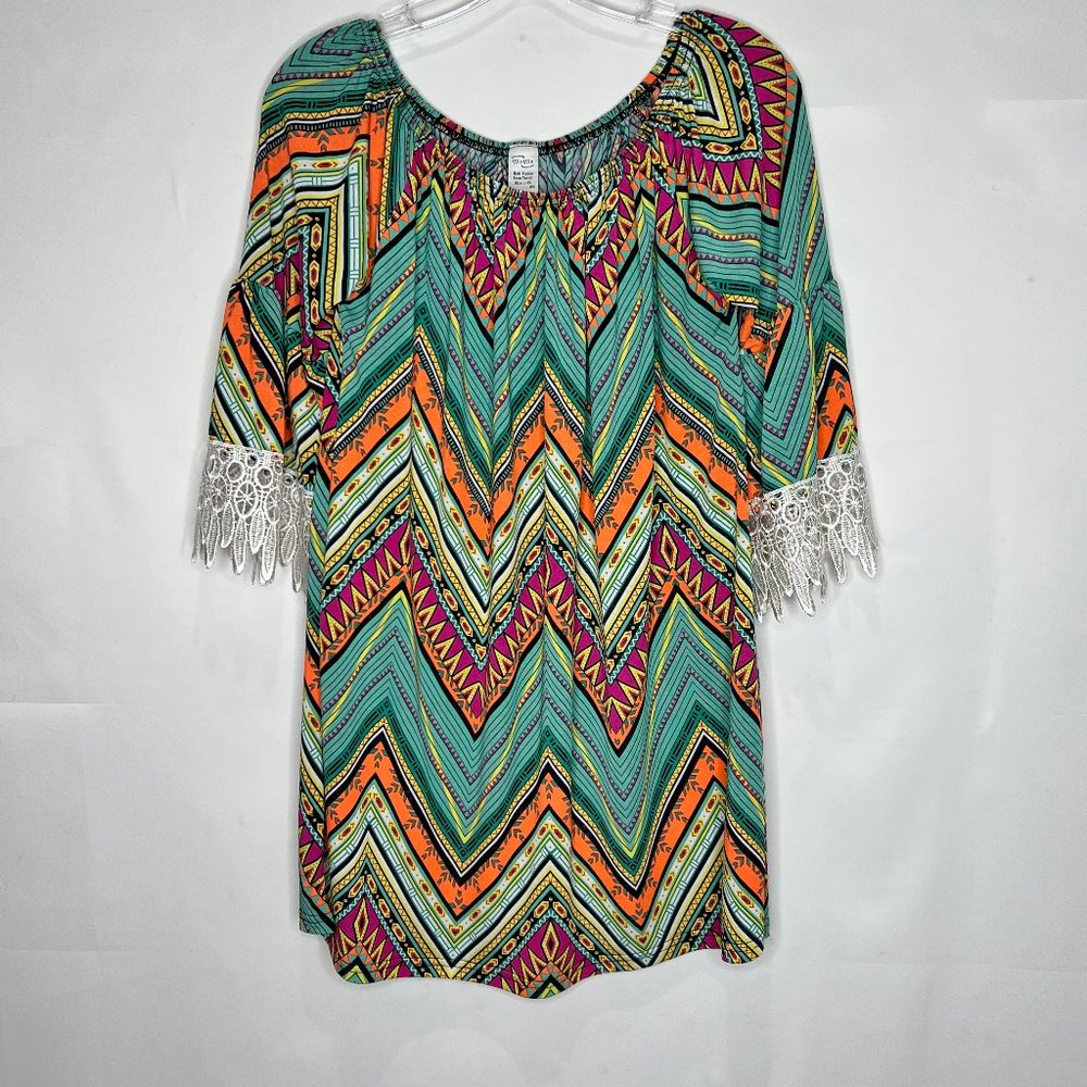 Win Win Woman’s Dress sz L-XL Hippie Chevron Print Boho Lace Bell Sleeve Liquid